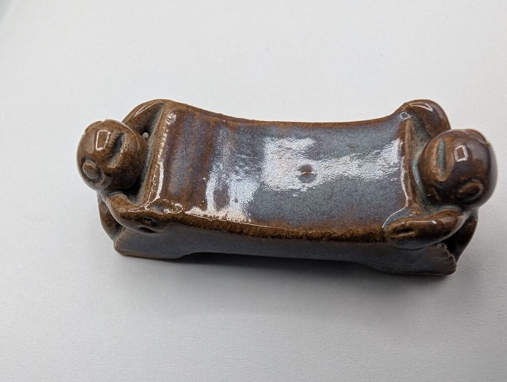 Unique Ceramic Frog Sculpture Pen Holder or Chopstick Rest Brown Blue Glaze